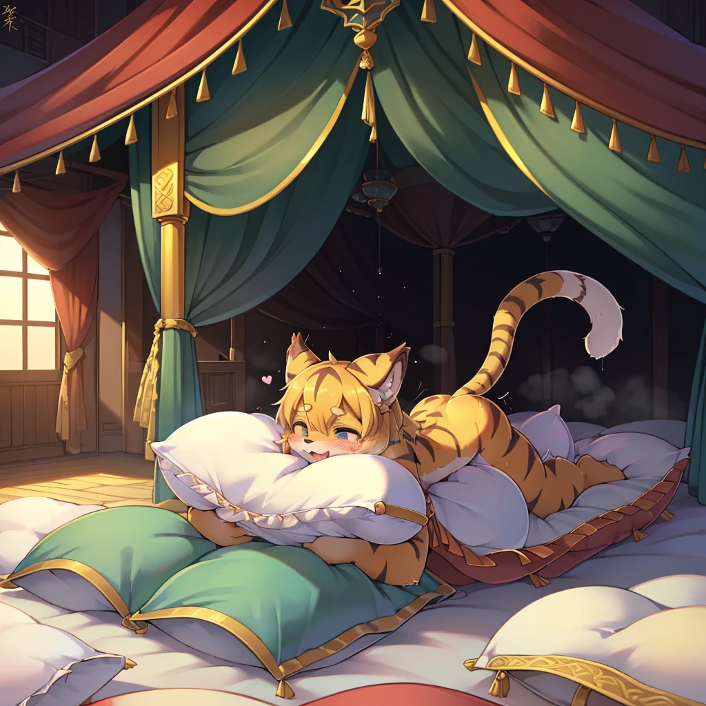 （masterpiece，best quality），my own, The Beast, , (适合任何Pillow背景的光影））, 穿着pajamas可爱女孩在Pillow上摆姿势 ，pajamas，Nature,, (blush),a smile，Pillow头,（很多Pillow），Soft cushion，（canopy bed），Soft pillow quotation，（Pillow损坏），很多Pillow，（Crotch rubbing），（（Pillow驼峰）），（Pillow），（A tail），，（粉色Pillow），（Love around the protagonist），Steam，（Pillow头），（），（豪华Pillow），（Pillow），（palace），（Palace bedroom），（Pillow），柔软的Pillow，，（Classical European style bedroom ），（excited，shy person，Lack of expressiveness，），，pillow humping,my,tiger tail,tiger ears,Tiger pattern，，Sweat，，Sweaty，Body swing，身体Shaking lines，Shaking lines，best quality, masterpiece, ((Maximum resolution)), artwork, ，,,(Interior of the palace),(In the bedroom at night),(Deluxe Rococo Canopy King Bed),On a big and spacious bed,(the 女孩 is lying on the bed),Before bedtime,,,Luxurious curtains with ornate ruffles and ribbons surround the bed,((((There are many pillows piled on the bed)))),Detail of Quilt,Detailed bed sheets,Ruffled Bed Skirt,Deep Bed,Background with depth,pajamas , ((((大量的Pillow))))，peeing，squatting，water,Urine,Shaking lines，wetting pillows,Flowing liquid，Violent body shaking，剧烈Shaking lines，详细的软Pillow,,（女孩正躺在许多柔软的Pillow上,周围有许多Pillow），(Pillow上有液体），Sweat，saliva，Splashing urine，Pillow上和床上有水迹,ArIn,Tongue