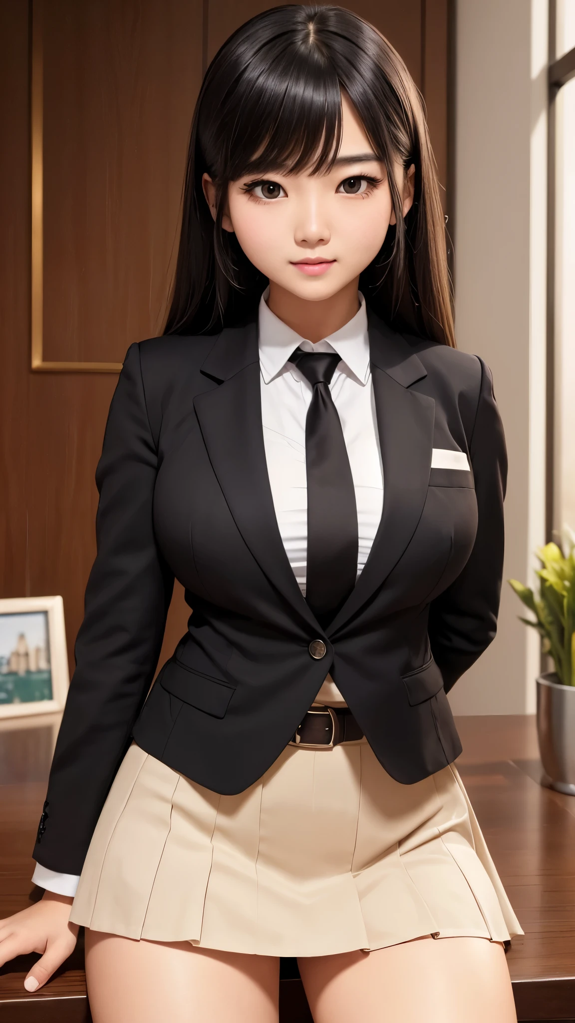 ((high quality)), ((Tabletop)), (Detailed face), (highlight), Asian Girl、Big breasts、thigh、Black Hair、Heavy bangs、high school girl、skirt、blazer、