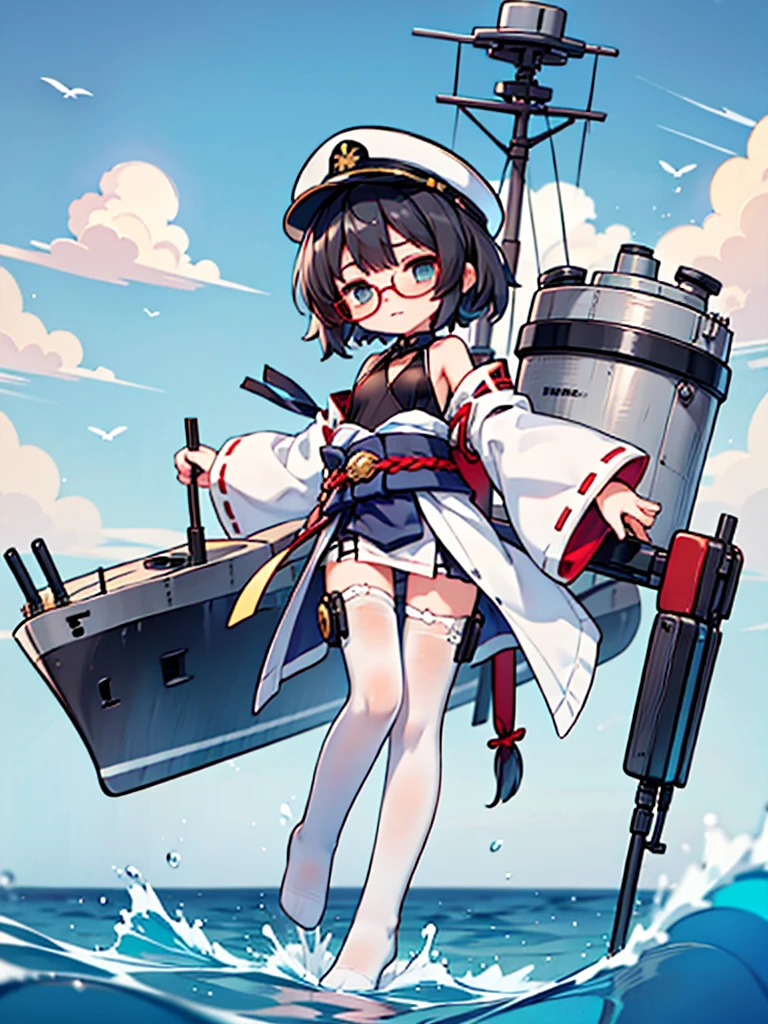 (((masterpiece, Vision))), ((((Full body of a woman with perfect flat chest、solo、Short unkempt black hair、Tie your messy hair at the nape of your neck、white military jacket、Miko costume、tights、Black glasses、White military cap、Cloudy black eyes、Confused eyes、Junyo-inspired emblem)))), (((Shipgirl))), ((Floating on the morning sea with both feet)), (Spread your legs wide open), (Hold the turret grip with your right hand), (Mechanical arms extending from the waist are used to equip the ship with battleship equipment.), (Equipped with a turret on the back), (Left arm holds the triple turret grip), Shotgun belt on thigh, Spreading the Machine&#39;s Wings, Lift the turret with the machine&#39;s tail,  