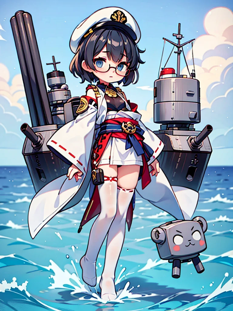 ((((Full body of a woman with perfect flat chest、solo、Short unkempt black hair、white military jacket、Miko costume、tights、Black glasses、White military cap、Cloudy eyes、Sleepy expression)))), (((masterpiece))), (((Shipgirl))), ((Floating on the morning sea with both feet)), (Spread your legs wide open), (Hold the turret with your right hand), (Mechanical arms extending from the waist are used to equip the ship with battleship equipment.), (Equipped with a turret on the back), (Holds the turret with his left arm), Shotgun shells are attached to the thigh with a belt, Spreading the Machine's Wings, Machine tail, shotgun,