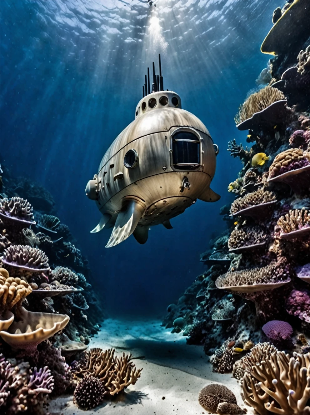 photo focus on nautilus submarine, BugattiAI submarine, underwater, ocean, deep, realistic scenery, nautilus-style. very wide shot, character photo portrait, film, professional,