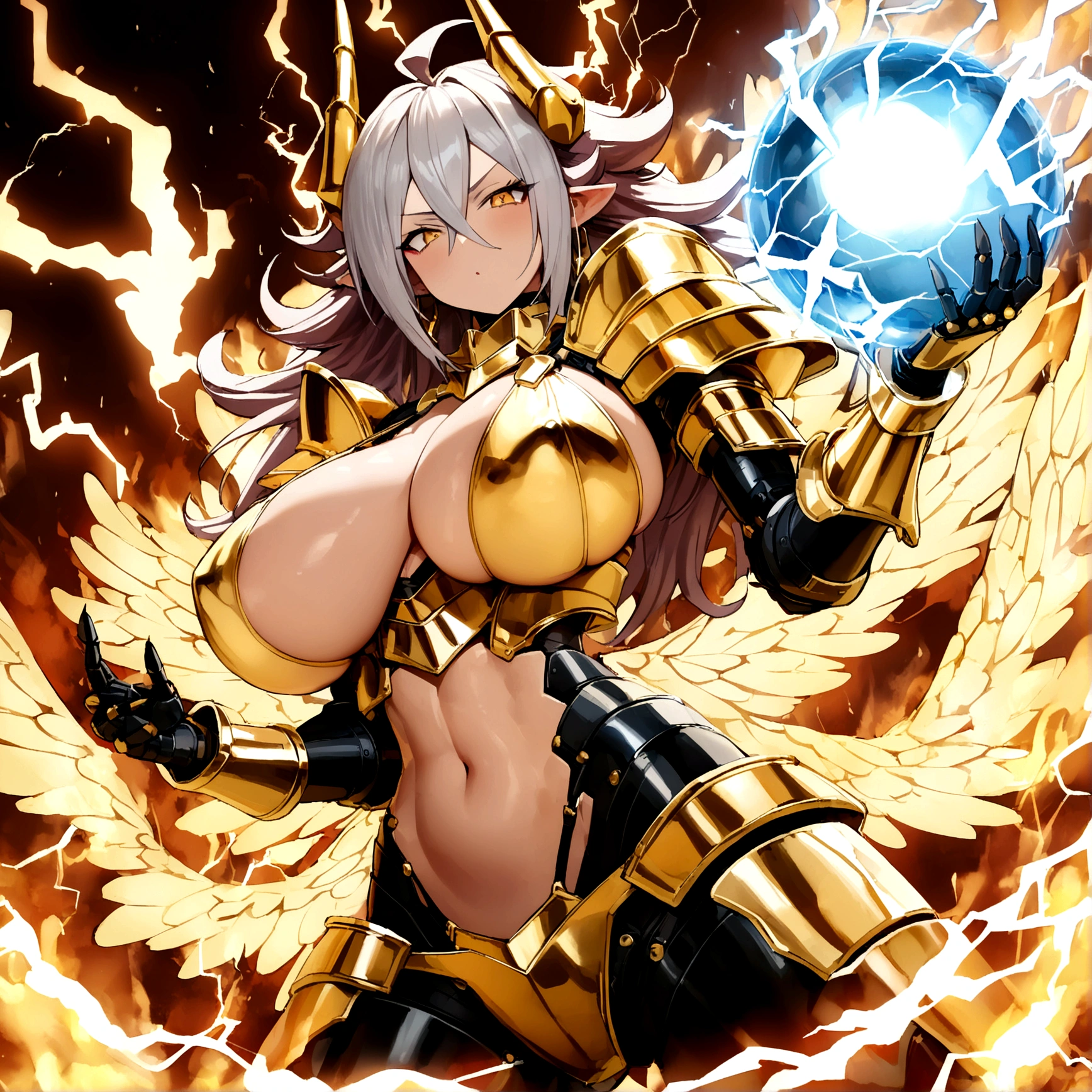 ((Lightning Power)), ((Electricity)), ((Fire Background)), ((Lightning Storm)), ((Power Erupting)), (((((android 21))))), (((Evil Power))), (((white Coat))), (((Busty))), (((((Big breast:1,3)))), luxury bustier corset, (((silver hair))), (((Very slim waist))), propotional body, ((Gorgeous)), (((Fire Blazing Horns))), ((((gold wings))), masterpiece, hyperdetail, ambient effect, digital effect, (((Fire Gold Bikini Armor))), (((Lightning Gold Wings))), ((((Gigantic Rasengan))))