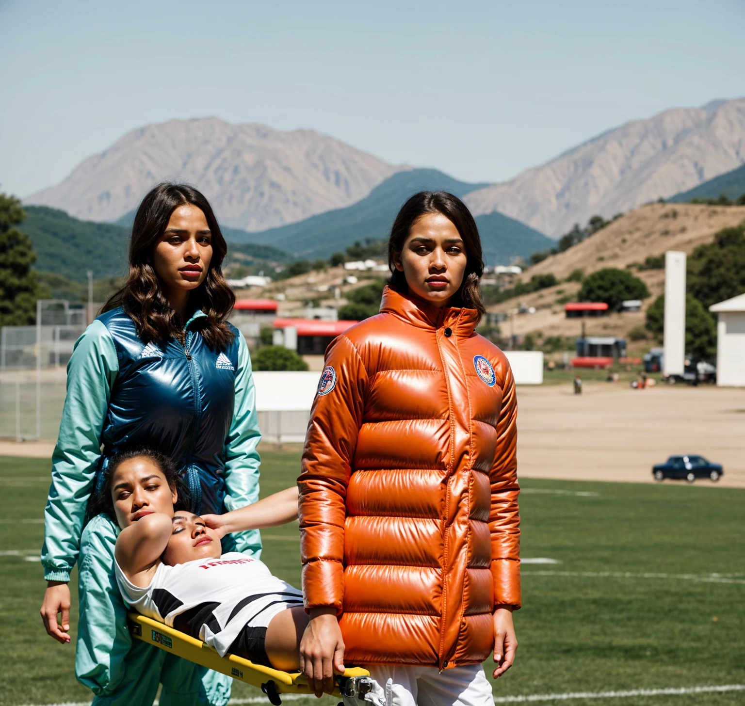 There is a man lying on a stretcher with his hands crossed over his face, a man in a t-shirt and sports shorts has crossed his hands over his face, the man has an agonised face under his hands, two longhaired and ponytailed women that are wearing very shiny coats, there are longhaired women wearing laquered puffy coats, longhaired women are walking in wetlook puffy coats, several women walking around a football field with an injured athlete on a stretcher, the injured athlete on the stretcher covers his face with both hands, the women look very worried, behind the women there is a frightening atmosphere, there is heavy rainfall in the background, video still, behind the scenes, Malika Favre, screenshot, footage, 4 0 9 6, cover photo, aesthetic shot, dramatic mood, intense scene, Making of, Mongezi Ncaphayi, Thriller atmosphere, Filming, Edited