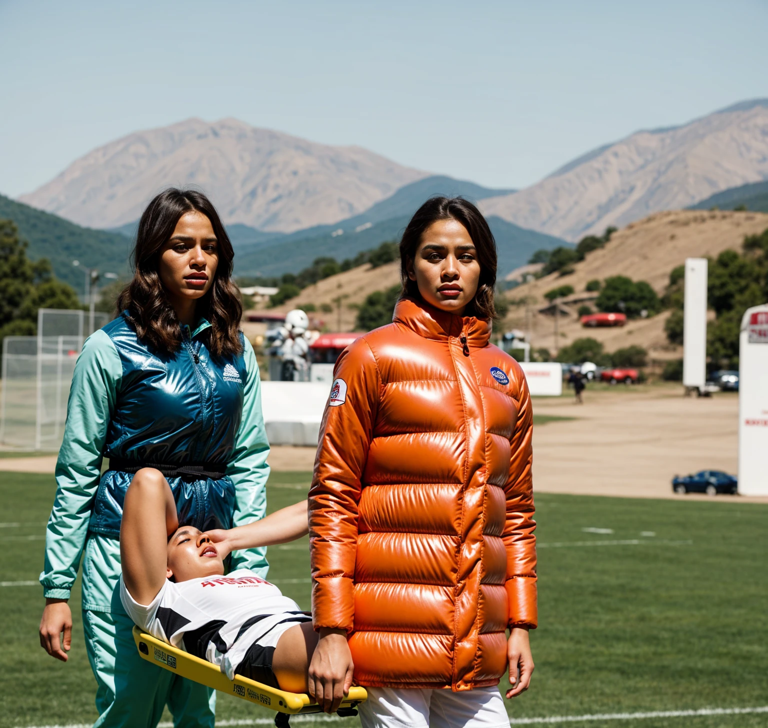 There is a man lying on a stretcher with his hands crossed over his face, a man in a t-shirt and sports shorts has crossed his hands over his face, the man has an agonised face under his hands, two longhaired and ponytailed women that are wearing very shiny coats, there are longhaired women wearing laquered puffy coats, longhaired women are walking in wetlook puffy coats, several women walking around a football field with an injured athlete on a stretcher, the injured athlete on the stretcher covers his face with both hands, the women look very worried, behind the women there is a frightening atmosphere, there is heavy rainfall in the background, video still, behind the scenes, Malika Favre, screenshot, footage, 4 0 9 6, cover photo, aesthetic shot, dramatic mood, intense scene, Making of, Mongezi Ncaphayi, Thriller atmosphere, Filming, Edited