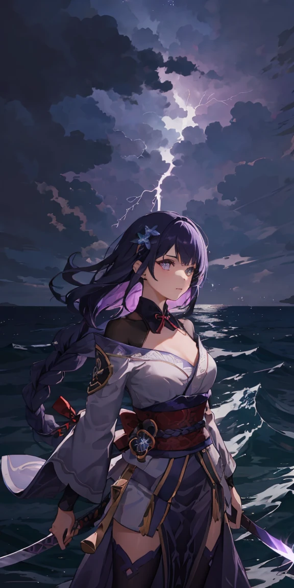 1girl, long hair, lightning eye, holding katana, lightning, lighting striking ocean in background, glowing, purple lighting, wallpaper, surrounded by lightning,