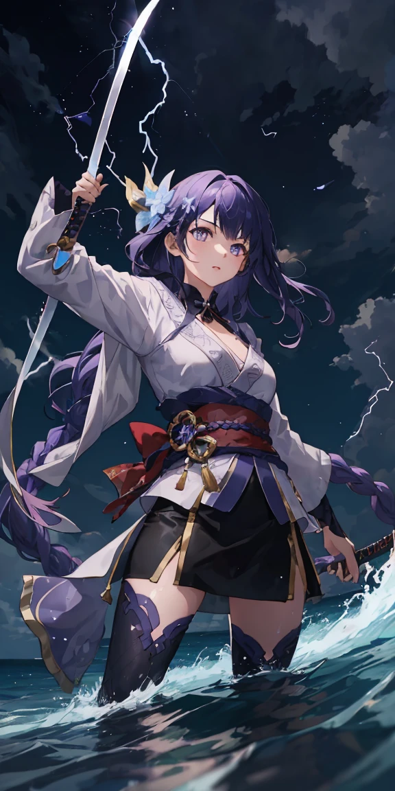 1girl, long hair, lightning eye, holding katana, lightning, lighting striking ocean in background, glowing, purple lighting, wallpaper, surrounded by lightning,