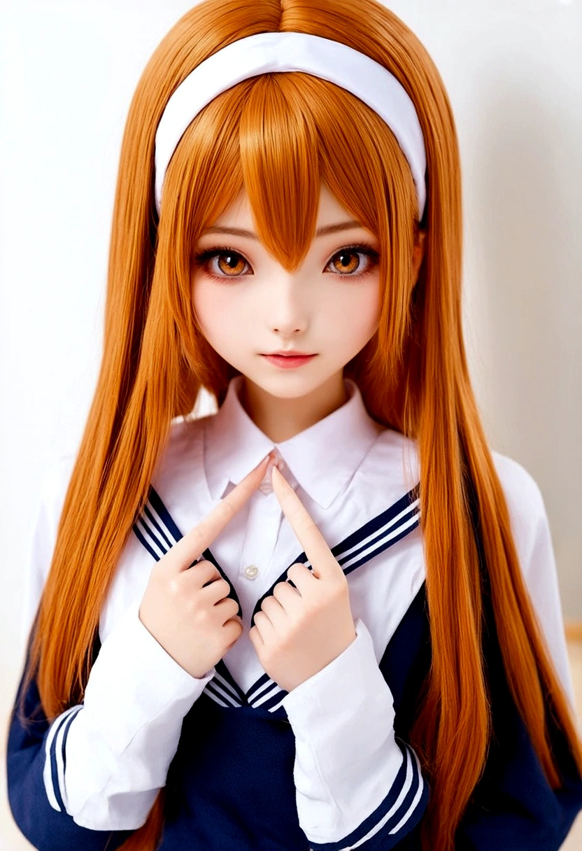 beautiful girl, she has long ginger hair, she has an headband, school girl, big breast, normal pink nipples, little dick, short cock, tits fuck, titsfuck, short dick between her breasts, fix fingers, perfect fingers