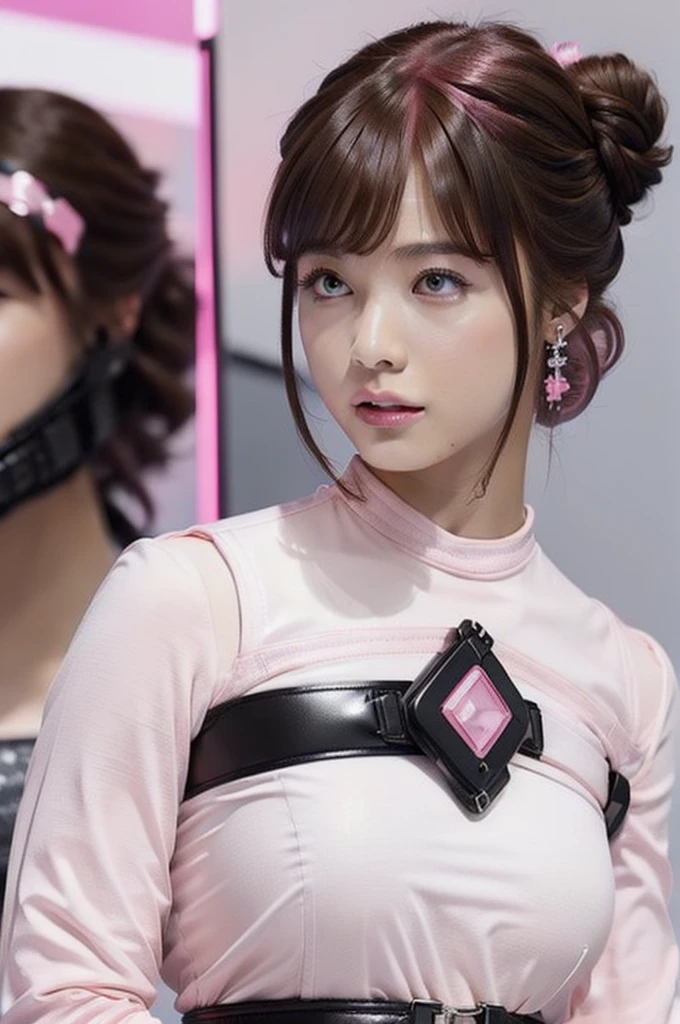 Top Quality, Ultra High Definition, (backlight), (Photorealistic: 1.4), (close up:1.6, focus on face), 1 Beautiful Girl, (Kpop Idol), Detailed Face, (Hair Brown|Pink:1.3, full-bang, updo Hair:2), Contrapposto, Smooth Skin, Perfect Anatomy, Professional Lighting, ((wearing Futuristic Police Rush guard, police wappen, High-tech Headset, military harness, racing gloves)), (Cloths based on silver pink black white), (background, (Audience Coming close), crashed cars,