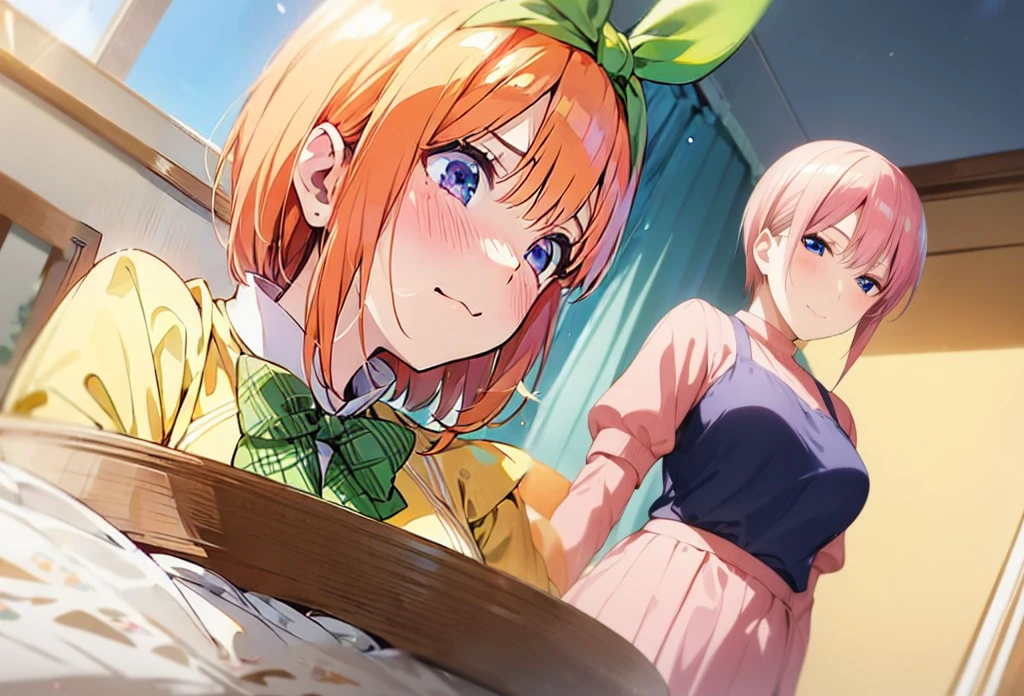  [Nakano yotsuba, nakano_yotsuba, aayotsuba, shoulder length orange hair, green ribbon] blushing, looking down, embarassed face, flustered,nervous, goofy awkward, extremely cute face, in love, best quality)), extremely fine and beautiful, super fine illustration, top-quality、Official art、Beautifully Aesthetic:、vivid colours、colourful, HD Detail, Ultra Detail, soft Light, magical photography, intricate details, , sfw, , indigo eyes, masterpiece, 4k, ultradetailed,