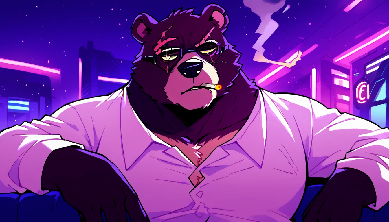 score_9, score_8_up, score_7_up, (cyberpunk city, night room, luxury apartment, security guards on background:1.5),
((Grizzly bear:1.5), anthro, solo, male, sitting in an armchair, (smoking cirage:1.2), ((wearing business suit, mafia mole boss)), ((black fur:1.5)), (blind_eyes, scars, black glasses:1.5), beautiful, (wears cyberpunk additions, without an eyes:1.3)