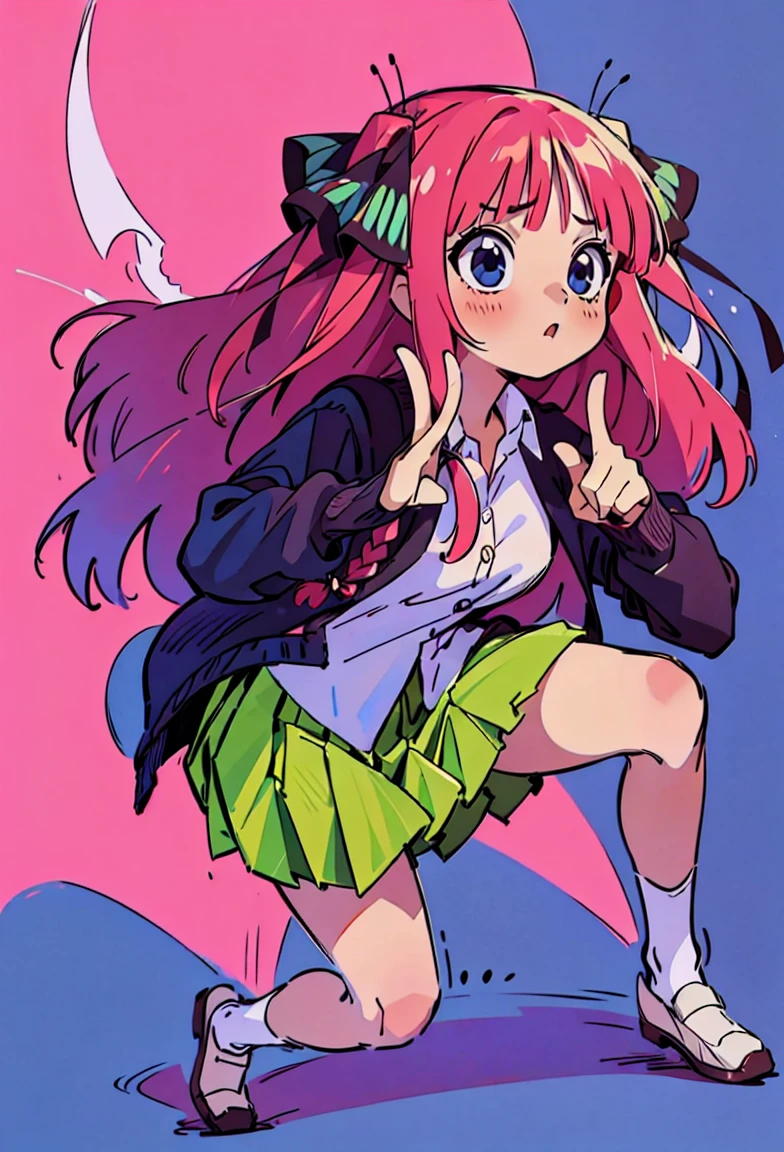 , Nino Nakano, long pink braided hair, braids, hair ribbons, all hair into 2 braids, collared white shirt, green pleated skirt, , black cardigan, dynamic pose, interesting pose, expressive face, full body,