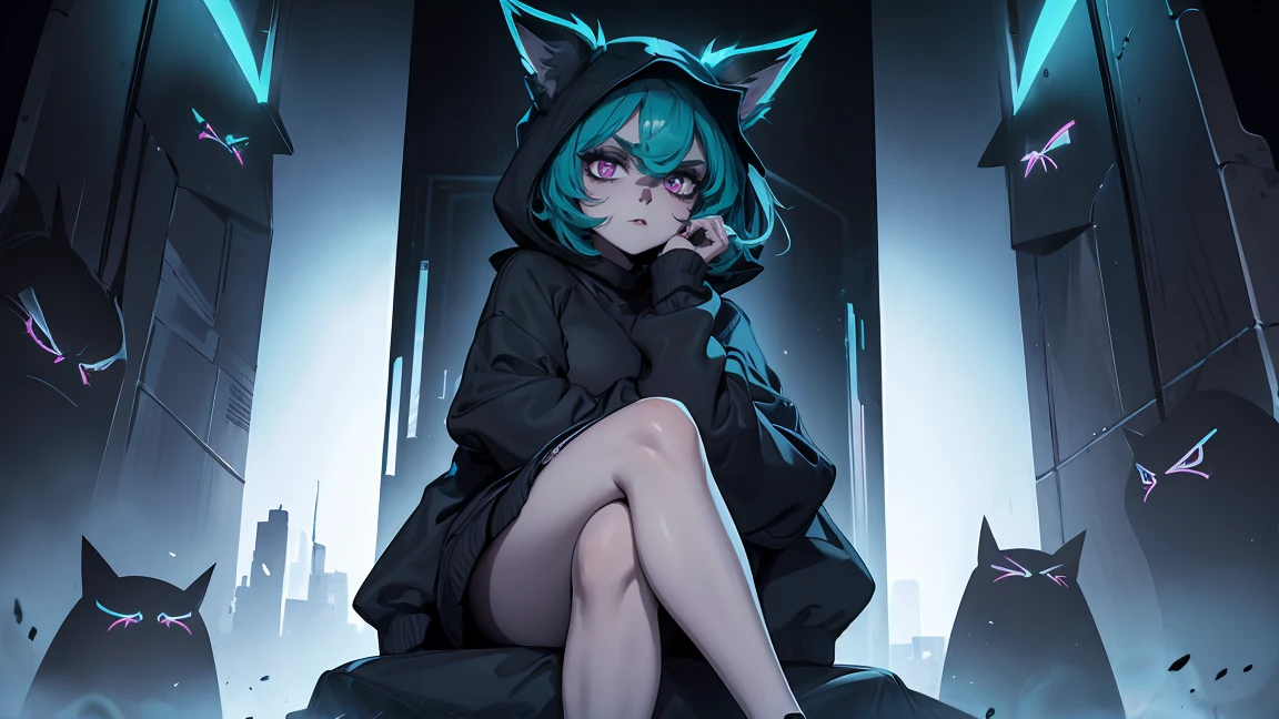 girl, large black sweatshirt, sitting posture, calm look, Sitting in front, legs open, a dark room, evil eyes, glowing skin, Looking ahead, facial expression