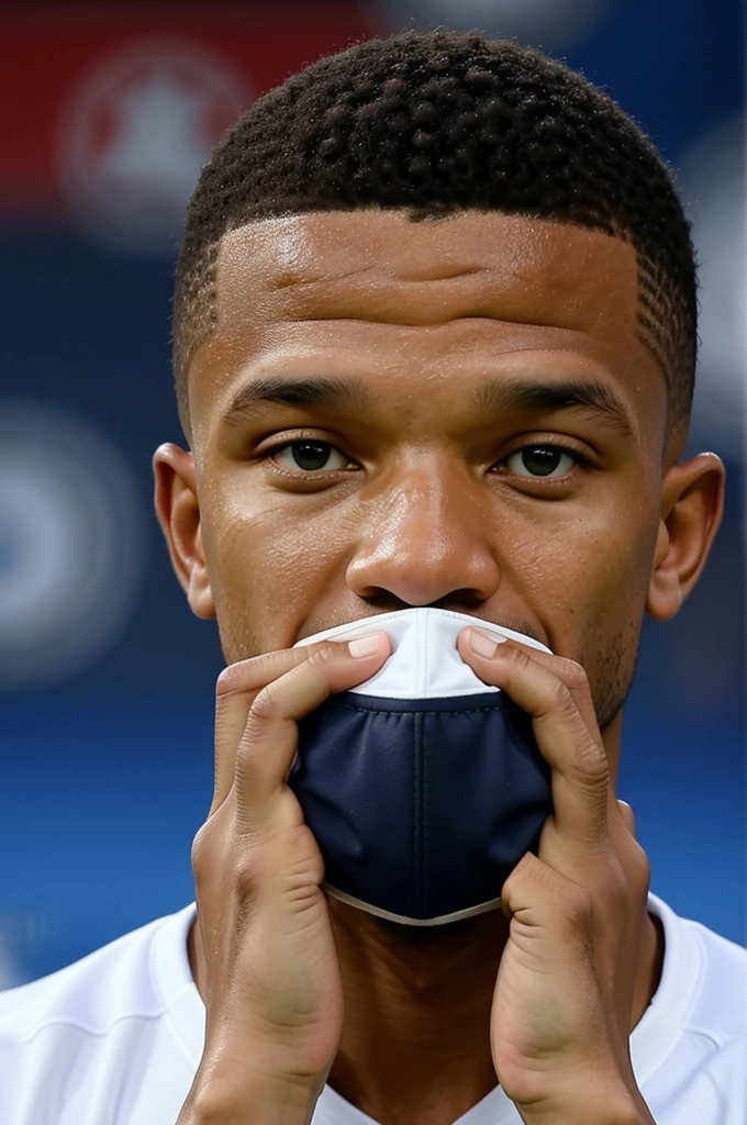Crée une image réaliste de Kylian Mbappé avec un masque de protection pour le nez