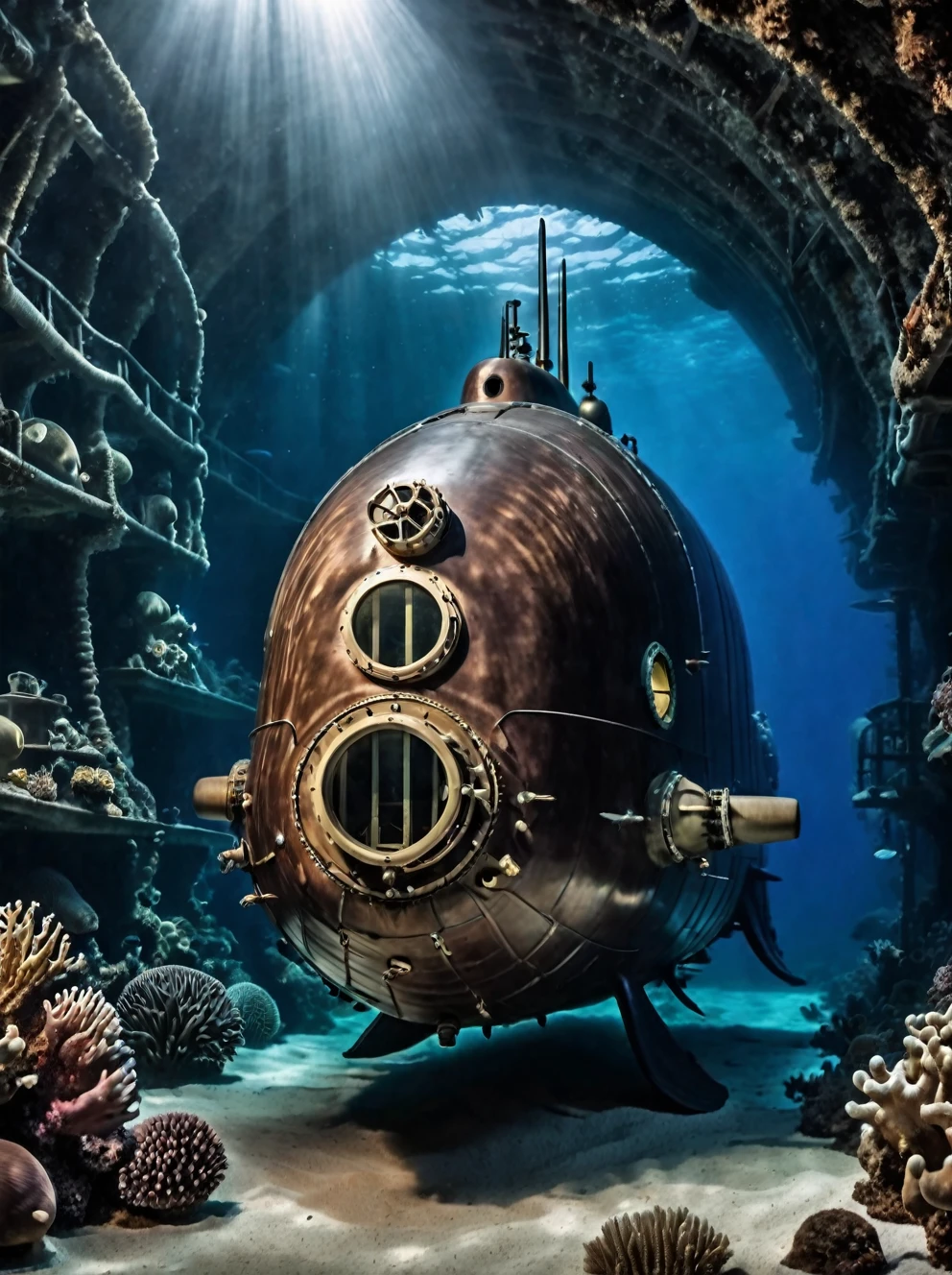 photo focus on large nautilus submarine, large BugattiAI submarine, underwater, ocean, deep,dark  realistic scenery, steampunk nautilus-style. very wide shot, character photo portrait, film, professional,