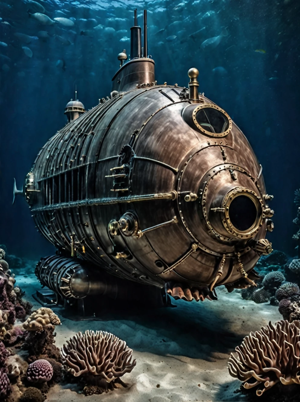 photo focus on large nautilus submarine, large BugattiAI submarine, underwater, ocean, deep,dark realistic scenery, steampunk nautilus-style. very wide shot, character photo portrait, film, professional,