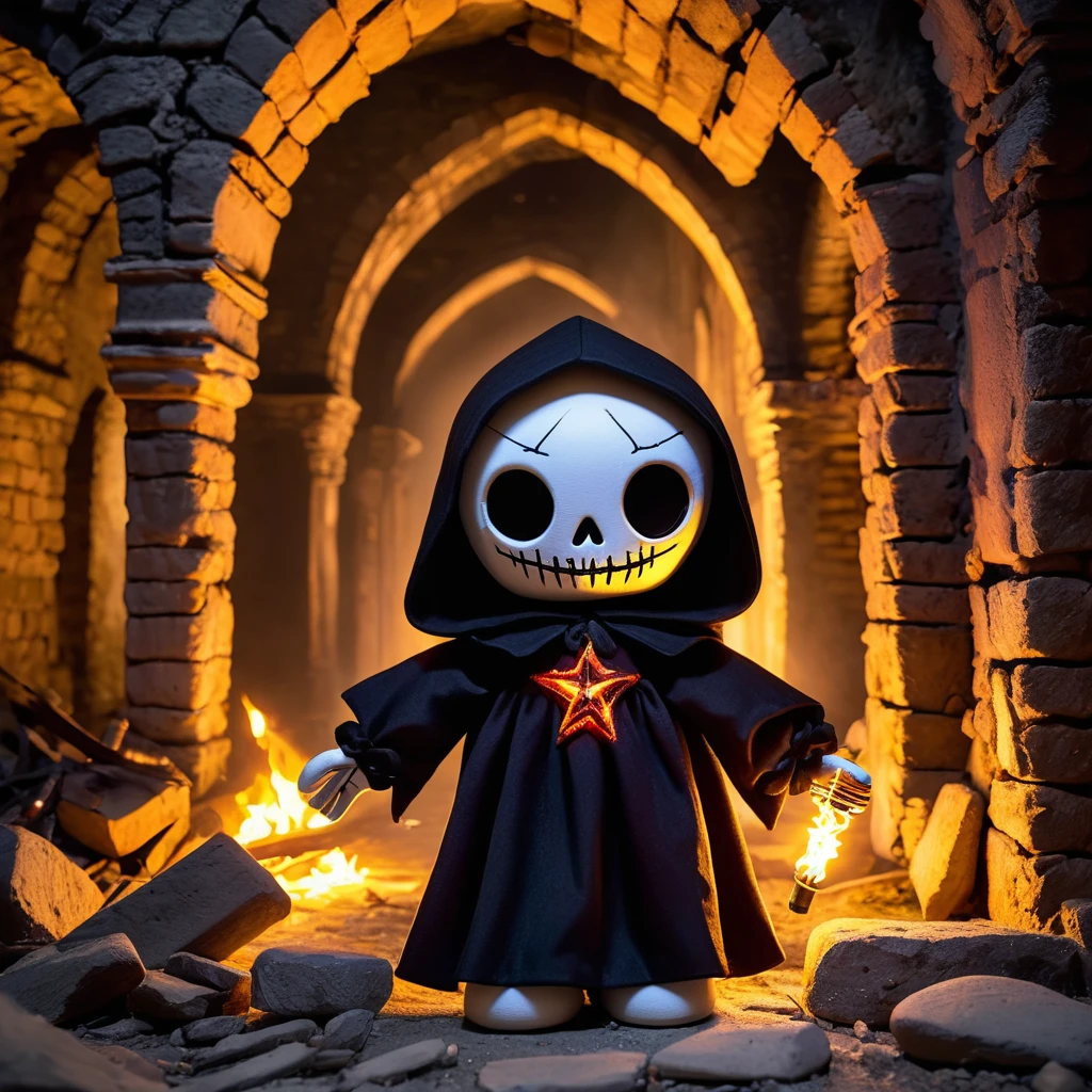 (knitted toy voodoo doll:1.2), (Voodoo Ghost Torchbearer:1.3), (clothes Black cloak, torch, blazing with dim light:1.0), (against the background Abandoned ruins, stone arches, flickering lights:1.3), best quality, masterpiece, detailed soft oil painting, detailed background, dramatic cinematic lighting, soft edge lighting, professional, dramatic lighting, hard edge lighting, ultra quality, 4k, masterpiece, best quality, 8k, ultra high definition, high resolution, extremely detailed