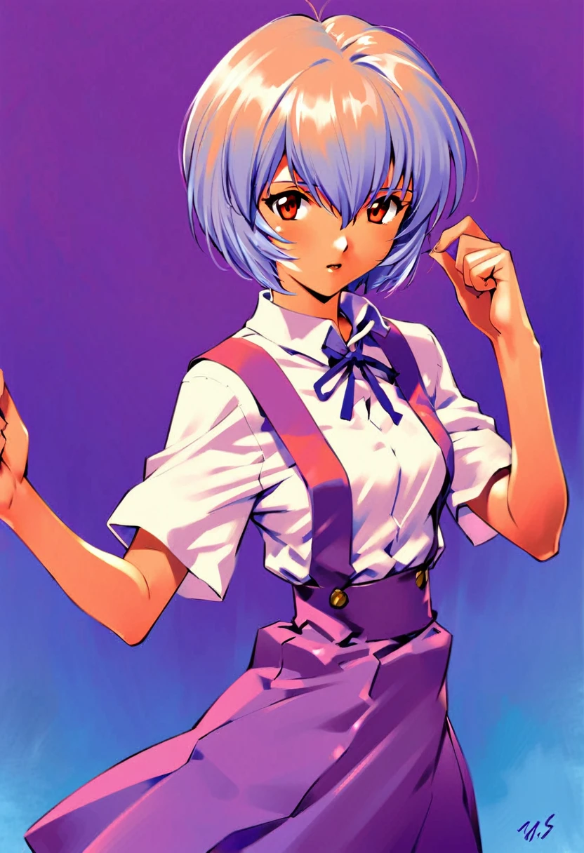 1girl, ayanami rei, solo, red eyes, short hair, , blue hair, tokyo-3 middle , signature, short sleeves, hair between eyes, suspender skirt, purple background, bangs, purple theme, shirt, cowboy shot, looking to the side, skirt, white shirt, looking at viewer, parted lips, suspenders, 