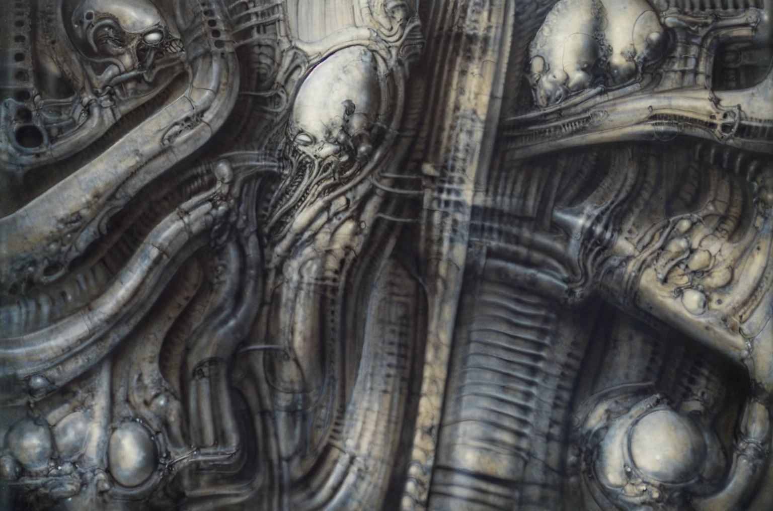 Giger_style, The image is a detailed view of H.R. Giger's Tableau \" Biomechanical Landscape No 312 \" plate.
 The image is a  photograph of a complex, abstract bone and ivory structure that resembles pipes and wires. The structure is composed of numerous pipes and wires intertwining and overlapping each other in a chaotic yet harmonious manner.
The style  is clearly biomechanical. Features combination of organic and mechanical forms. Mechanical elements dominate the background of composition, there are subtle organic hints. The use of undersaturated purple-grays dark contrasts creates a stark and graphic look. Is used a variety of linework techniques to create different textures. Fine, parallel lines create a smooth, metallic texture,while thicker, more cursive lines suggest cables or wires. The artwork is shiny and purplish brown, with an ivory bones prominently displayed. The image is highly detailed and intricate, almost like a 3d version of a medical diagram