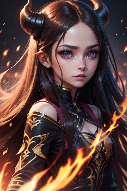 Nezuok,realistic girl with long brown hair,beautiful detailed eyes,beautiful detailed lips,longeyelashes,demon slayer outfit,cute and adorable expression,demon girl,kawaii,anime style,vibrant colors,dramatic lighting,highly detailed,masterpiece,8k,photorealistic