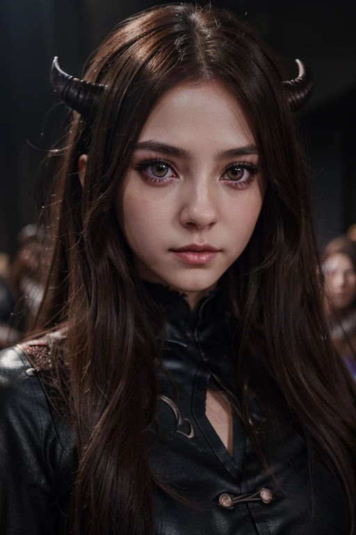 Nezuok,realistic girl with long brown hair,beautiful detailed eyes,beautiful detailed lips,longeyelashes,demon slayer outfit,cute and adorable expression,demon girl,kawaii,anime style,vibrant colors,dramatic lighting,highly detailed,masterpiece,8k,photorealistic