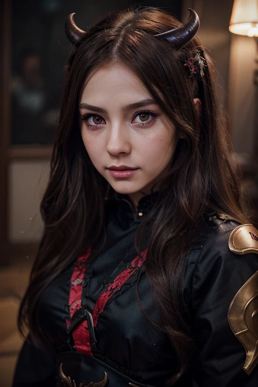 Nezuok,realistic girl with long brown hair,beautiful detailed eyes,beautiful detailed lips,longeyelashes,demon slayer outfit,cute and adorable expression,demon girl,kawaii,anime style,vibrant colors,dramatic lighting,highly detailed,masterpiece,8k,photorealistic