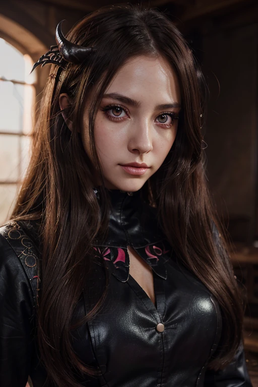Nezuok,realistic girl with long brown hair,beautiful detailed eyes,beautiful detailed lips,longeyelashes,demon slayer outfit,cute and adorable expression,demon girl,kawaii,anime style,vibrant colors,dramatic lighting,highly detailed,masterpiece,8k,photorealistic