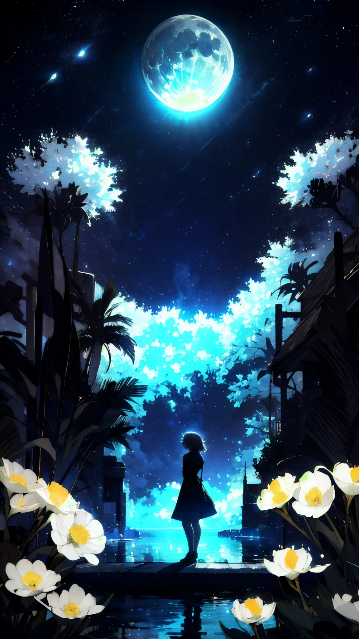 A girl, Solitary, Stand on the water, Reflective surface, , Cat ear, (poster:0.76), (Palm leaves), White flowers, (Blue light glow:1.2), night, Dark theme, Starry Sky, dream,moonlight