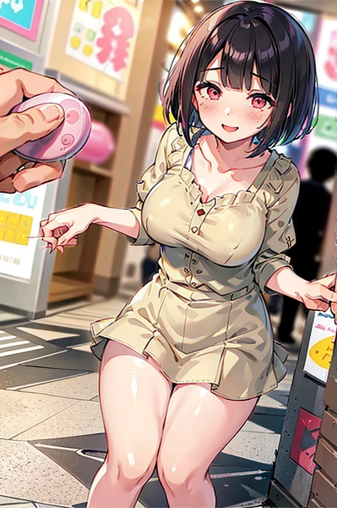 4K，One Girl, MS. end，thin，Very short stature，Very thin thighs，Blunt bangs，Short dress shirt, Half sleeves，Red Suspender Mini Skirt，blush, smile, Bobcut, Black Hair，Vibrant colors, ahegao，A lot of love juice drips down her thighs onto the floor，(remote_play))，remote-vibrating-egg，((Someone else's hand holding a pink round remote control:1.3))、Ecstatic expression，Accurate and detailed female fingers，nsfw,blush