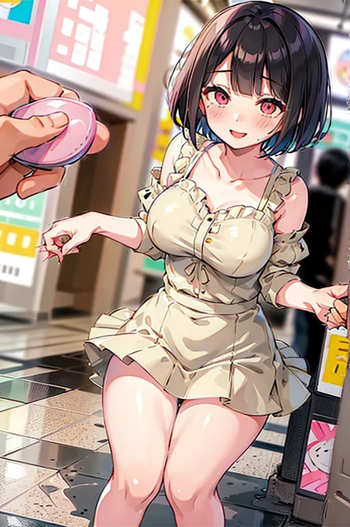 4K，One Girl, MS. end，thin，Very short stature，Very thin thighs，Blunt bangs，Short dress shirt, Half sleeves，Red Suspender Mini Skirt，blush, smile, Bobcut, Black Hair，Vibrant colors, ahegao，A lot of love juice drips down her thighs onto the floor，(remote_play))，remote-vibrating-egg，((Someone else's hand holding a pink round remote control:1.3))、Ecstatic expression，Accurate and detailed female fingers，nsfw,blush