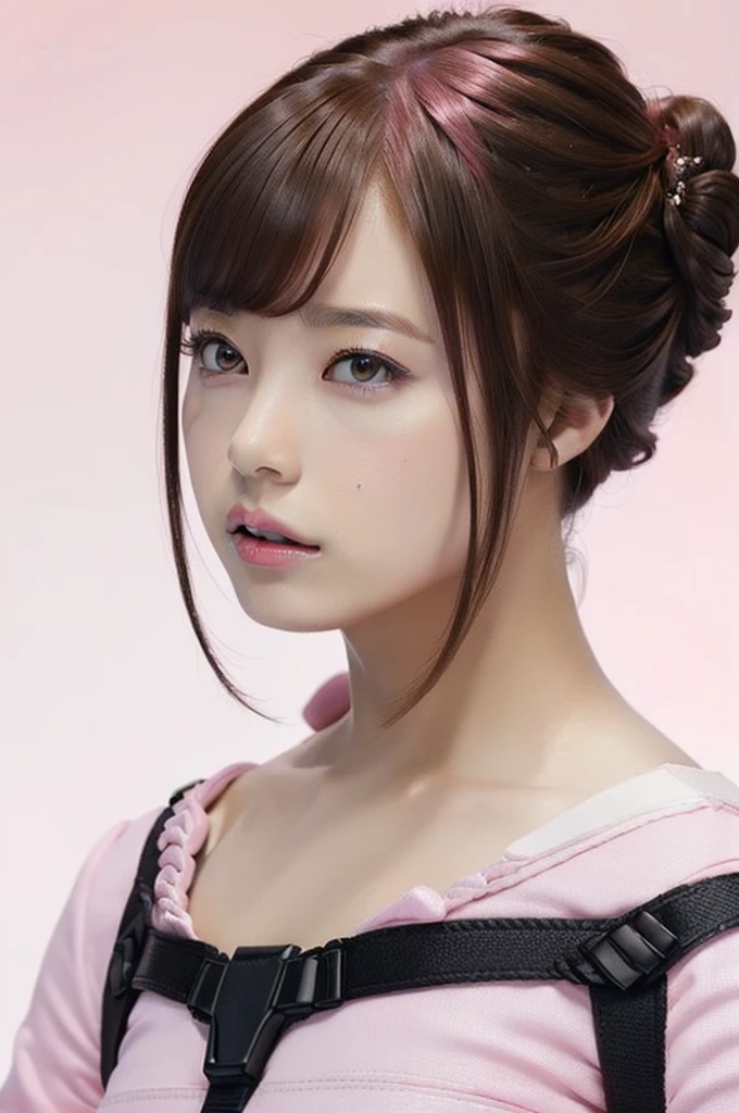 Top Quality, Ultra High Definition, (backlight), (Photorealistic: 1.4), (close up:1.6, focus on face), 1 Beautiful Girl, (Kpop Idol), Detailed Face, (Hair Brown|Pink:1.3, full-bang, updo Hair:2), Contrapposto, Smooth Skin, accurate Anatomy, Professional Lighting, ((wearing Futuristic Police Rush guard, police wappen, High-tech Headset, military harness, racing gloves)), (Cloths based on silver pink black white), (background, (Audience Coming close), crashed cars,