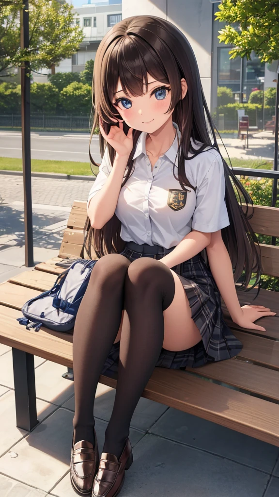 long hair, looking at viewer, smile, bangs, blue eyes, multiple girls, skirt, brown hair, shirt, black hair, short sleeves, brown eyes,  long hair, sitting in sunset classroom , white polo shirt, pleated skirt, outdoors, , socks, striped, collared shirt, hand up, 3girls, bag, kneehighs, plaid skirt, brown footwear, flying sweatdrops, loafers, grey skirt, school bag, diagonal stripes, 