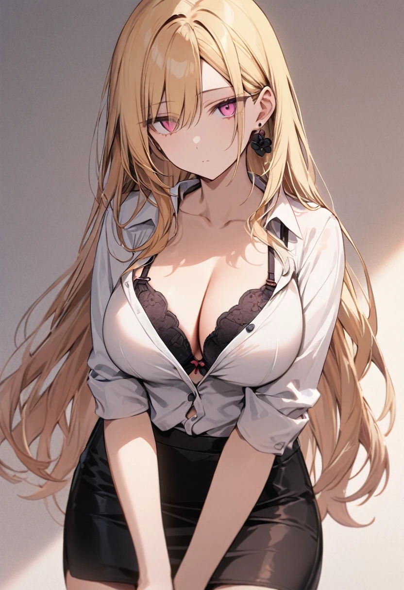 masterpiece, best quality, 1girl, solo, adult, blonde hair, long hair, earrings, pink eyes, detailed face, white unbuttoned shirt, black flower bra, large breasts, black pencil skirt, infront of viewer, emotionless, empty look, jitome