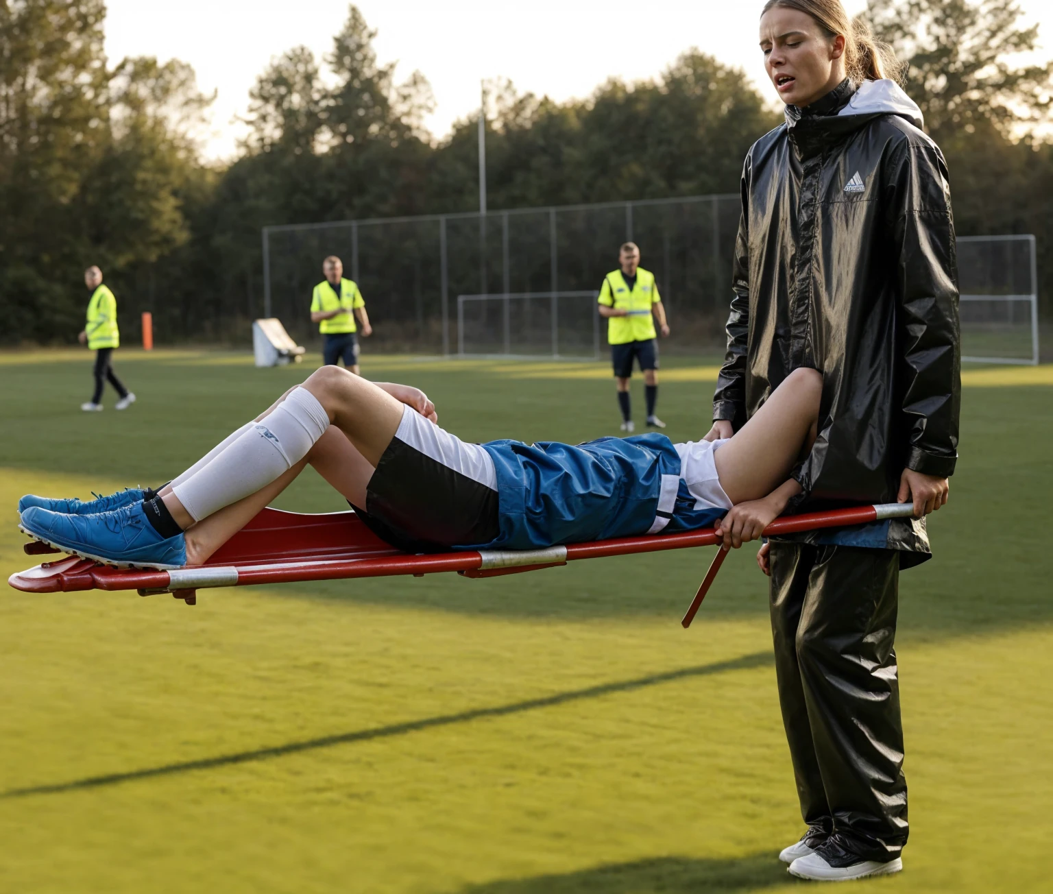 Greta Thunberg is carrying a stretcher, there is a man laying on a stretcher on a soccer field, on a soccer field, Greta Thunberg wearing a shiny pvc tracksuit, greta Thunberg in a high shine vinyl rainsuit carrying a stretcher on a soccer field, an excessively madeup age girl in a laquered coat, a passionately shouting teengirl in a laquered coat, there is a sportsman in white shorts and a white t-shirt lying injured on a stretcher, there is an injured sportsman who is covering his face on a stretcher, an injured sportsman is covering his face with his hands, an injured sportsman is writhing in ecstasy on a stretcher, dramatic pity pose, there is a latino woman in a high-shine puffy coat, a high-shine black down coat, a long black moncler coat, a wetlook down coat, a wet black laquered coat, a latino wife is wearing a wetlook black uniform, injured, medic, very professional, soccer action pose, affection pose, lecherous action pose, dramatic action pose, theatralic pose, there is an attractive woman that is carrying a skinny man, there is a beautiful woman in a shiny coat who is carrying a blond man on a wetlook orange stretcher, a longhaired beautiful woman in a high-shine black puffy coat, a longhaired woman in a shiny downcoat, a woman is carrying a shorthaired man who is wearing shorts and a t-shirt, a weak man in spots shorts is consciousless and needs to be carried, a shorthaired man with closed eyes is carried on a stretcher by a longhaired woman, a woman looks very scared and terrified, a consciousless man with closed eyes is suffering very much and has a very painful face, photo, photo shoot, photographed , accident, help, aid, first aid, pity