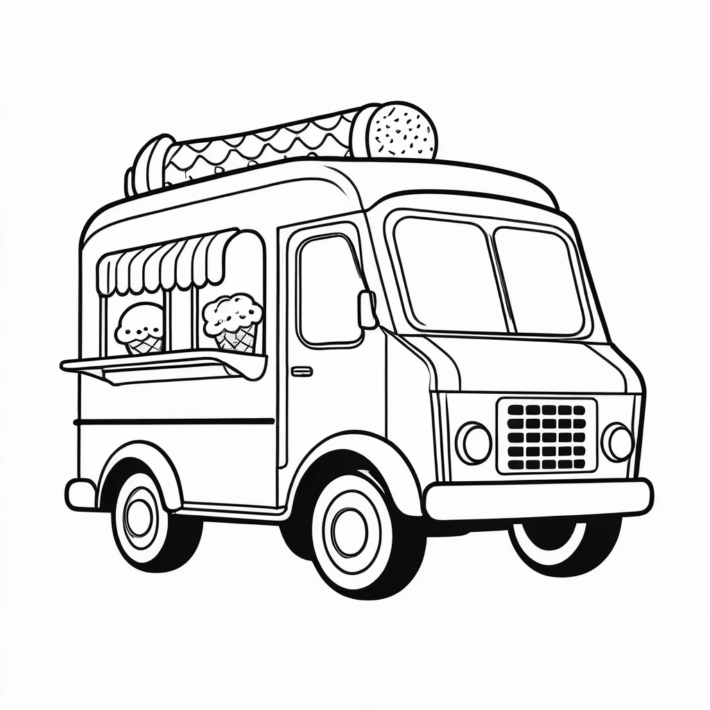 Cute ice cream truck, coloring page for kids, happy, smiling, vector art, minimalistic, vector 2d, black lines white background, coloring page for beginners, vector illustration, pencil strokes, no color, drawing for coloring, white background, pixar style, black and white