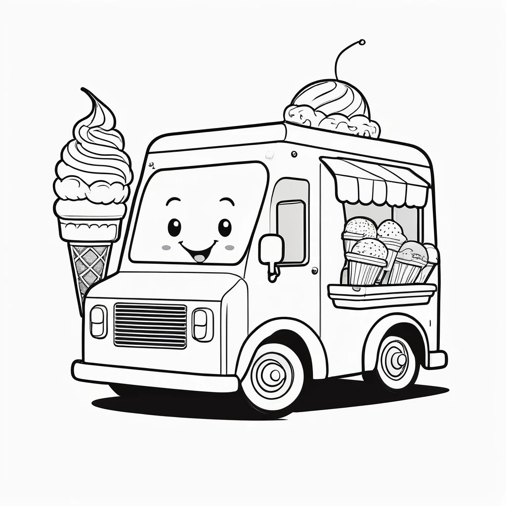 Cute ice cream truck, coloring page for kids, happy, smiling, vector art, minimalistic, vector 2d, black lines white background, coloring page for beginners, vector illustration, pencil strokes, no color, drawing for coloring, white background, pixar style, black and white