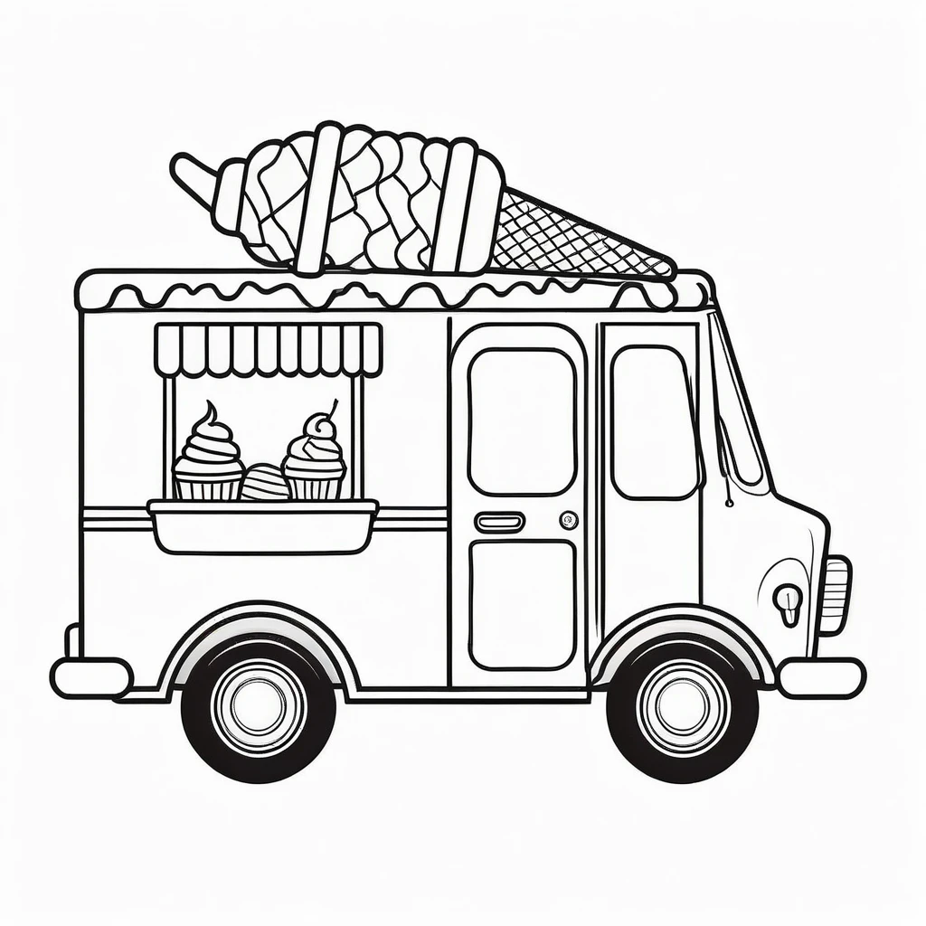Cute ice cream truck, coloring page for kids, happy, smiling, vector art, minimalistic, vector 2d, black lines white background, coloring page for beginners, vector illustration, pencil strokes, no color, drawing for coloring, white background, pixar style, black and white