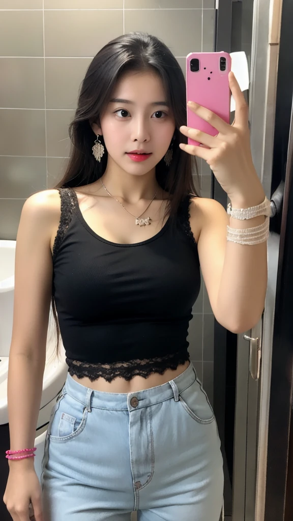 a girl,lace tanktop crop,mini earrings,mini necklace,mini pant, bracelet mini,front mirror, selfie, bathroom,wet, sweat
,,
