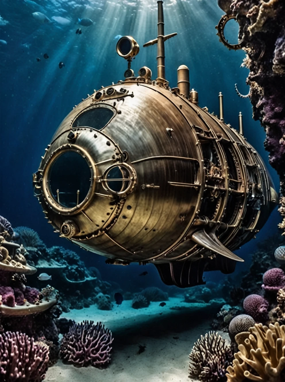 photo focus on nautilus submarine, BugattiAI submarine, underwater, ocean, deep, realistic scenery, steampunk nautilus-style. very wide shot, character photo portrait, film, professional,