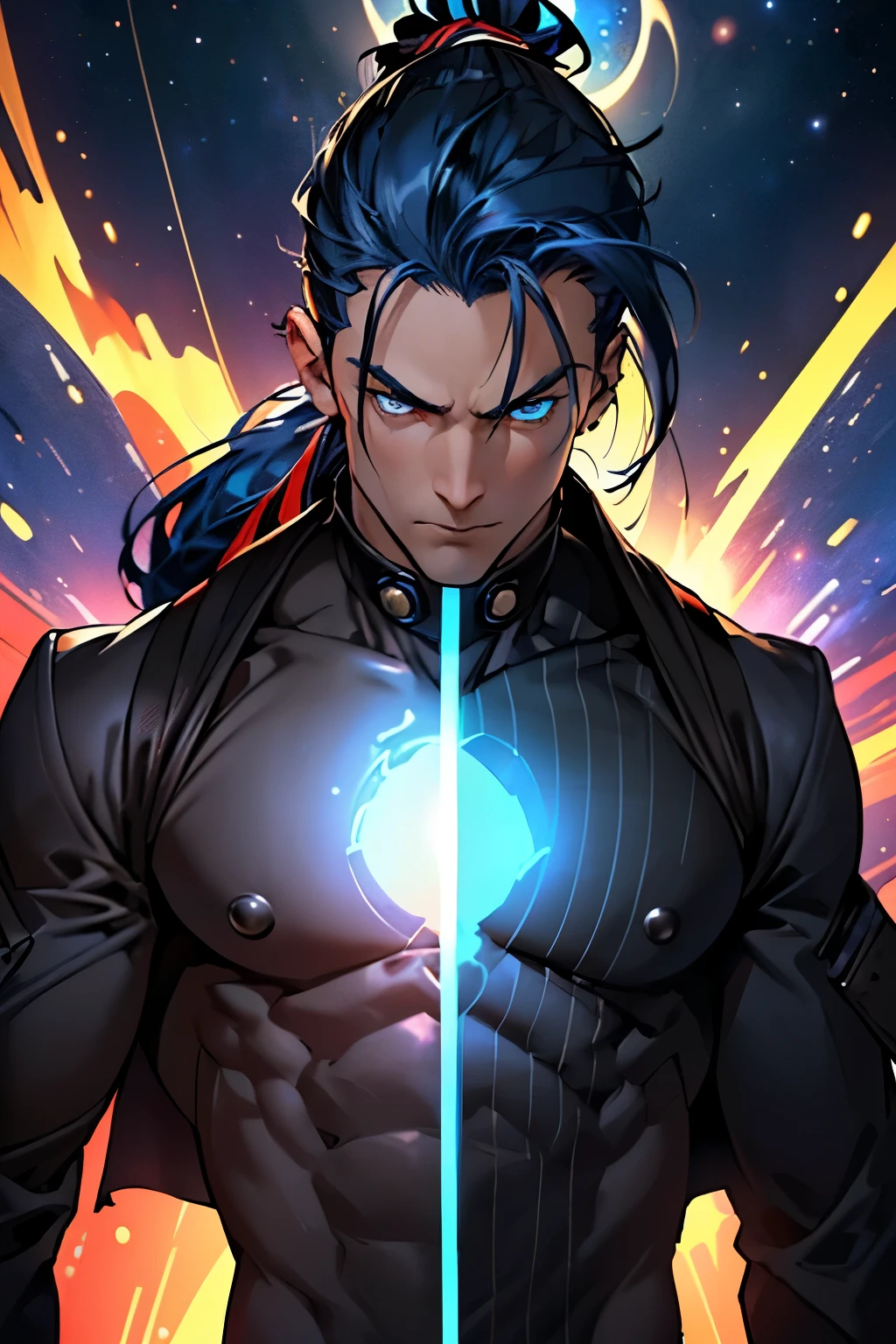 ((1man, tall, ponytail, navy blue hair, handsome, good physique), (omnipotent power, very powerful, galaxy destroyer, Omniverse Destroyer, magic manipulator), (black coat with red stripes, detailed eyes, blue eyes), (extremely detailed, 4k, Ultra HD))