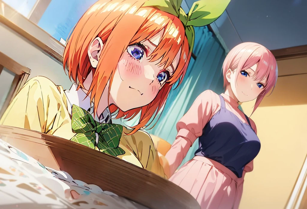  [Nakano yotsuba, nakano_yotsuba, aayotsuba, shoulder length orange hair, green ribbon] blushing, looking down, embarassed face, flustered,nervous, goofy awkward, extremely cute face, in love, best quality)), extremely fine and beautiful, super fine illustration, top-quality、Official art、Beautifully Aesthetic:、vivid colours、colourful, HD Detail, Ultra Detail, soft Light, magical photography, intricate details, , sfw, , indigo eyes, masterpiece, 4k, ultradetailed,