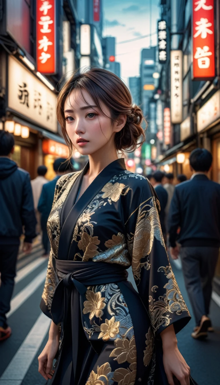 A beautiful woman in a dynamic pose standing in the bustling streets of Tokyo, feeling the stress of the city, detailed facial features, intricate clothing, urban background, cinematic lighting, photorealistic, 8k, highly detailed, masterpiece