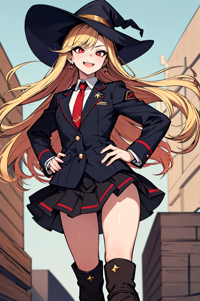 (absurdres, 8k, 4k, masterpiece, hyper extreme detailed:1.2), solo, perfect anatomy, cowboy shot, 1girl, front view, perfect face, 1girl, portrait, standing, adult, adult female, mature, Female, Mature Female, very long hair, 8k uhd, 1girl, slender, cowboy shot, standing, full body, front view, red tie, night sky, moon, stockings, big witch hat, witch, blonde hair, piercings, earrings, detailed eyes, expressive eyes, colorful pupils, blazer, skirt, fang tooth, red eyes, earrings, hand on hip, flat chest, looking forward, front view, messy hair, wind, windy, moving hair, moving clothes, swept bangs, mature body, gyaru, smile, colorful clothing, groan, military boots, perfect legs, reasonable height, 