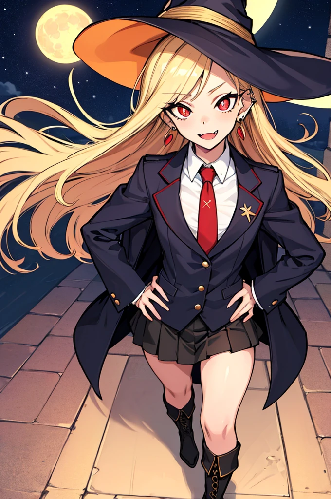 (absurdres, 8k, 4k, masterpiece, hyper extreme detailed:1.2), solo, perfect ???????, cowboy shot, 1girl, front view, perfect face, 1girl, portrait, standing, adult, adult female, mature, Female, Mature Female, very long hair, 8k uhd, 1girl, slender, cowboy shot, standing, full body, front view, red tie, night sky, moon, stockings, big witch hat, witch, blonde hair, piercings, earrings, detailed eyes, expressive eyes, colorful pupils, blazer, skirt, fang tooth, red eyes, earrings, hand on hip, flat chest, looking forward, front view, messy hair, wind, windy, moving hair, moving clothes, swept bangs, mature body, gyaru, smile, colorful clothing, groan, military boots, perfect legs, reasonable height, 