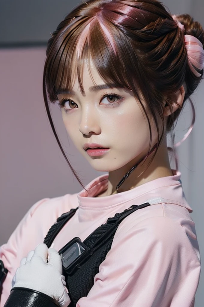 Top Quality, Ultra High Definition, (backlight), (Photorealistic: 1.4), (close up:1.6, focus on face), 1 Beautiful Girl, (Kpop Idol), Detailed Face, (Hair Brown|Pink:1.3, full-bang, updo Hair:2), Contrapposto, Smooth Skin, accurate Anatomy, Professional Lighting, ((wearing Futuristic Police Rush guard, police wappen, High-tech Headset, military harness, racing gloves)), (Cloths based on silver pink black white), (background, (Audience Coming close), crashed cars,