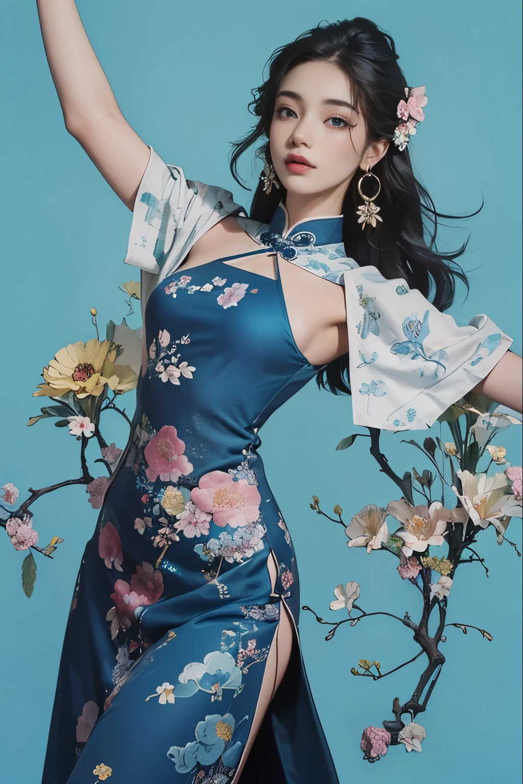 (masterpiece, Top quality, best quality, Official Art, beautiful and aesthetic:1.2), (1 Girl:1.3), Extremely detailed,(Fractal Art:1.1),(rich and colorful:1.1)(Flowers:1.3),The most detailed,(tangled:1.2), (Dynamic poses), (Blue Background:1.3), (Traditional Chinese cloth:1.2), (Glowing skin), (Many colors:1.4), ,(earrings:1.4),