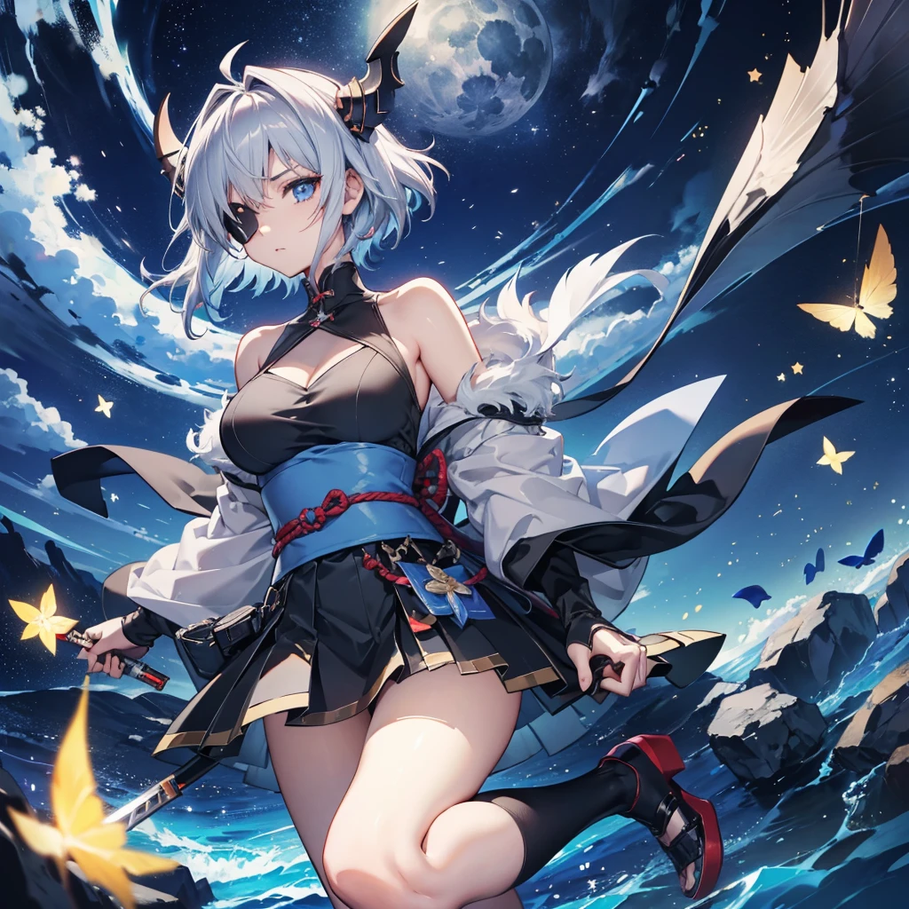 (((1 person　Put on an eye patch　Gray Hair　Qinglong)))　((High resolution　short hair　Shoulder　Rin々Funny face　knifeを胸の前で構える))　((Black Band　Ninja　Lonely　despair　blue eyes　Close-up))　((Blue Butterfly　night　Japanese style　old　Shining Aura　Floating in the air　Jump　Catch the wind　Distorted Space))　(dance　日本knife　knife　Slashing)　月night　moonlight　star　Shuriken　Shining Background　Shining Edge