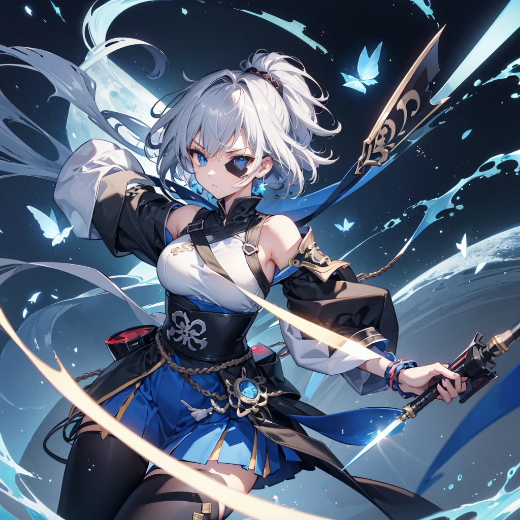 (((1 person Put on an eye patch Gray Hair Qinglong))) ((High resolution short hair Shoulder Rin々Funny face knifeを胸の前で構える)) ((Black Band Ninja Lonely despair blue eyes Close-up)) ((Blue Butterfly night Japanese style old Shining Aura Floating in the air Jump Catch the wind Distorted Space)) (dance 日本knife knife Slashing) 月night moonlight star Shuriken Shining Background Shining Edge