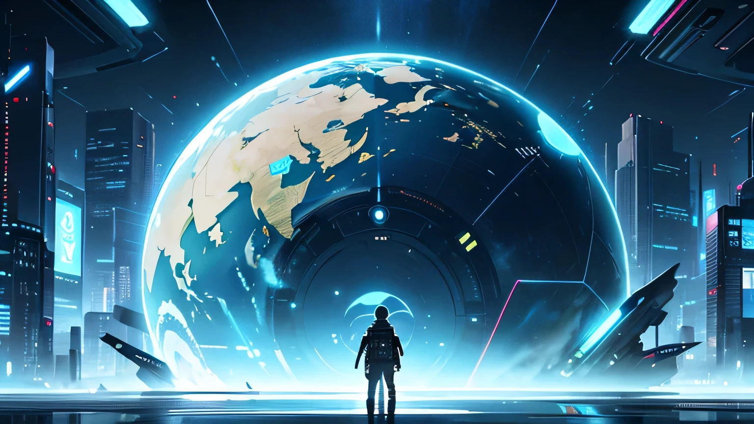 Softbank logo、Futuristic background image symbolizing AGI(for example、AI-related images and images of futuristic cities)、Highest quality、masterpiece