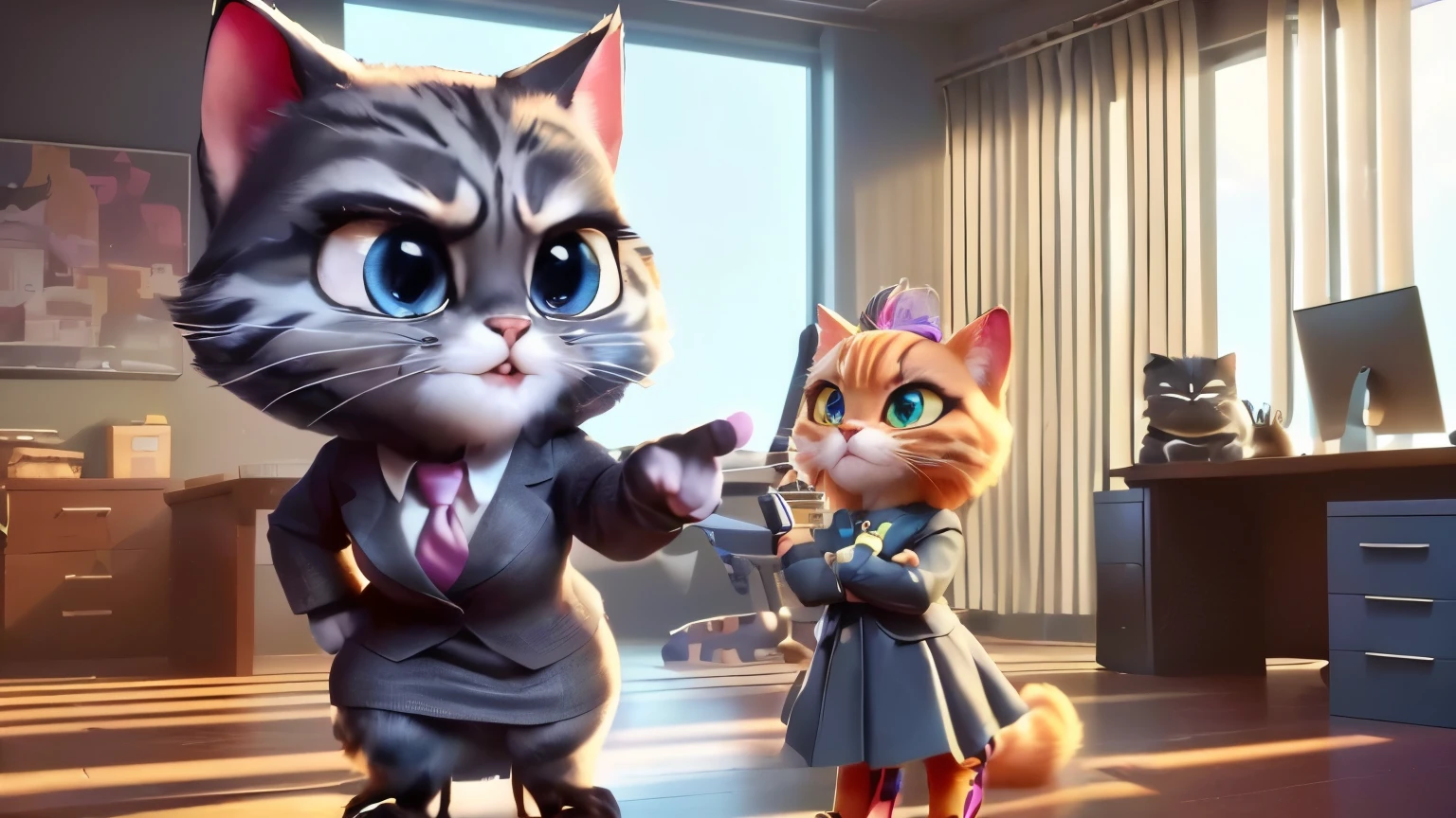 a close up of a cat and a woman in a room, new cats movie, world boss kitten, animated film, 3 d animated movie, animated movie, whiskers hq, animated movie scene, acrace catoon, animated movie still, cgi 8k, animated movie shot, 🕹️ 😎 🔫 🤖 🚬, zootopia 2, cartoon still