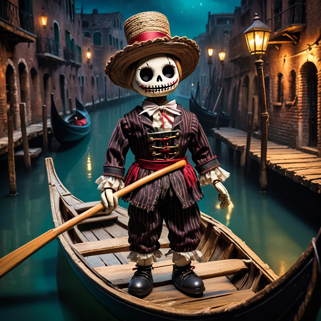 (knitted toy voodoo doll:1.5), (Voodoo in Venetian Gondola:1.3), (Clothing: gondolier attire:1.0), (Accessories: enchanted gondola pole, glowing Venetian mask:1.1), (background: picturesque Venice canals with floating gondolas, glowing waters, and historic buildings:1.2), best quality, masterpiece, detailed soft oil painting, detailed background, dramatic cinematic lighting, soft edge lighting, professional, dramatic lighting, hard edge lighting, ultra quality, 4k,masterpiece, best quality, 8k, ultra highres, highres, extremely detailed